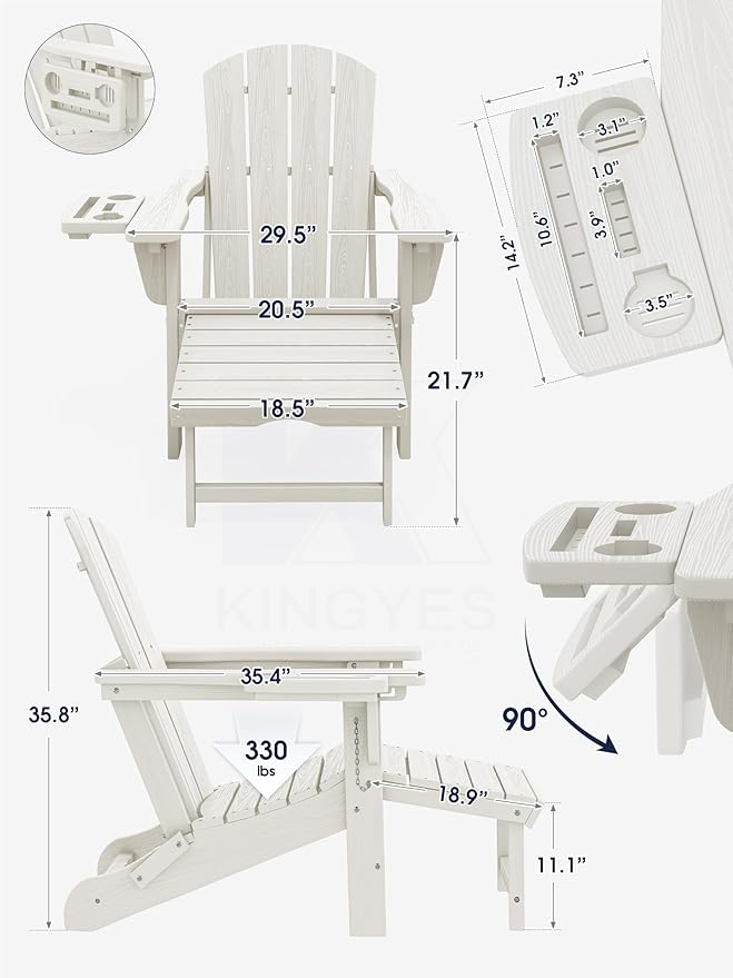 KINGYES Adjustable Folding Adirondack Chair with Footrest & 4-in-1 Multi-Functional Armrest Organizer Set of 4, HDPE Foldable Reclining Adirondack Chair with Pull-Out Ottoman, White
