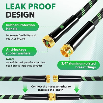 Garden Hose 100 ft Water Hose Flexible Non-Expandable Outdoor Heavy Duty Lightweight Leakproof Kink-free flex Watering Hose Pipe for 3/4 inch Fitting Yard Lawn Outside Car Wash