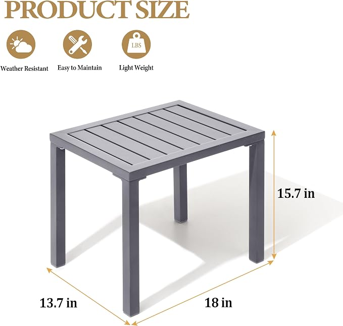 Crestlive Products Outdoor Side Table Set of 2, Aluminum Rectangular Side/End Table, Small Patio Coffee Bistro Table for Outdoor Indoor (Light Grey)