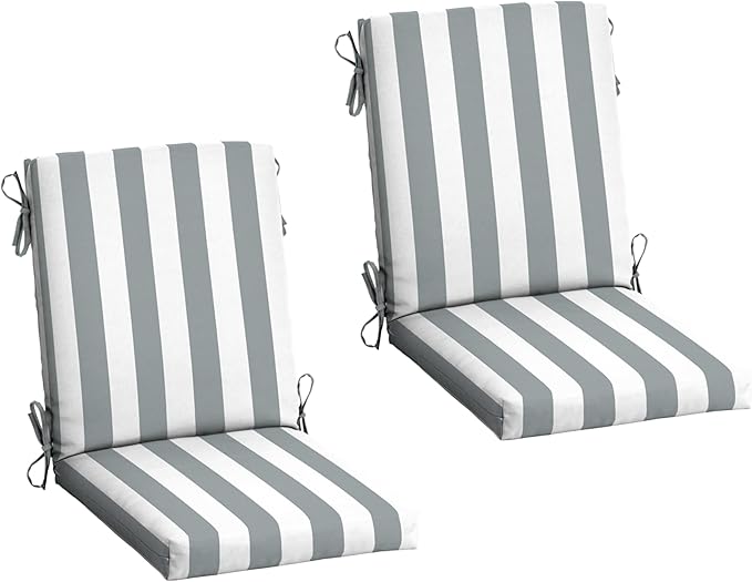Arden 2-Pack Outdoor Patio Dining Chair Cushion, 20x44, Rain-Proof Seat Pad, Fade-Resistant Outdoor Cushion Stone Grey Cabana Stripe