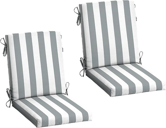 Arden 2-Pack Outdoor Patio Dining Chair Cushion, 20x44, Rain-Proof Seat Pad, Fade-Resistant Outdoor Cushion Stone Grey Cabana Stripe