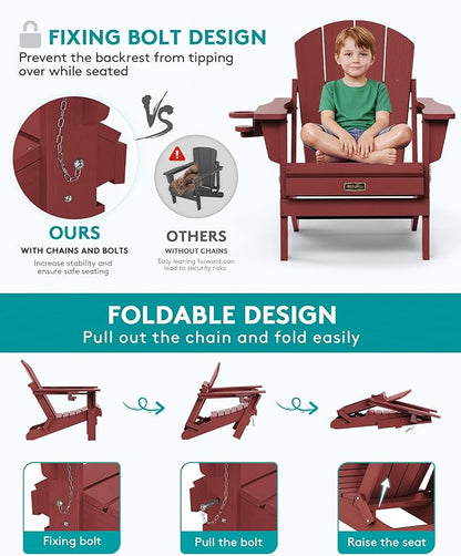 SERWALL Folding Adirondack Chair Set of 6 Weather Resistant Lawn Chairs with Cup Holder for Patio - Red