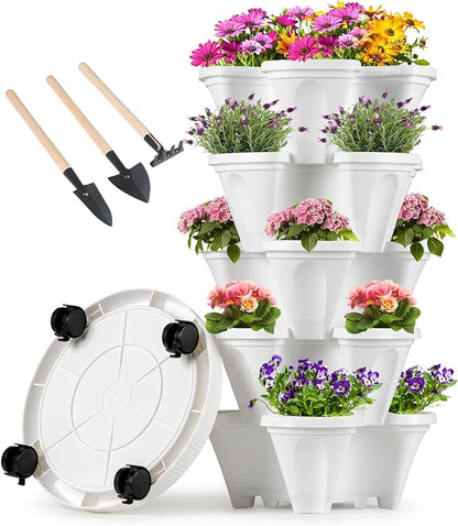 GameXcel Vertical Planter Tower - 5 Tier Stackable Garden Planters with Wheels and Tools Plant Pots for Strawberry Herb Flower and Vegetable Indoor Outdoor Use White