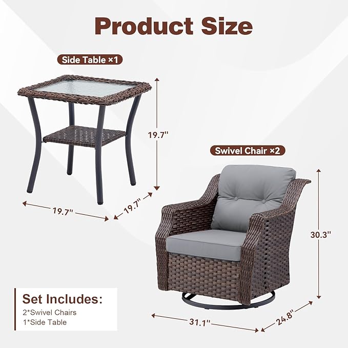 Patio Wicker Chairs Swivel Rocker-Outdoor Swivel Rocker Chair Set of 2 with All Weather Wicker Glider Rocker Set, PE Rattan Swivel Rocking Chair with Side Table for Yard Balcony Deck Porch Brown/Grey