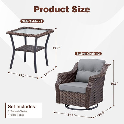 Patio Wicker Chairs Swivel Rocker-Outdoor Swivel Rocker Chair Set of 2 with All Weather Wicker Glider Rocker Set, PE Rattan Swivel Rocking Chair with Side Table for Yard Balcony Deck Porch Brown/Grey
