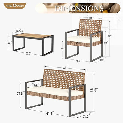 Sophia & William 4 Pieces Patio Conversation Set, Wicker Outdoor Furniture Set for 4, All Weather Outdoor Seating Set, Rattan Loveseat & Single Chairs with Cushions & Acacia Wood Coffee Table, Beige