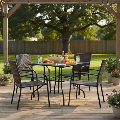 Tangkula 35 Inch Patio Dining Table with Tempered Glass Top, Square 4-Person Outdoor Bistro Table with 1.5" Umbrella Hole & Sturdy Metal Frame, Patio Dining Table for Backyard, Lawn, Deck & Poolside
