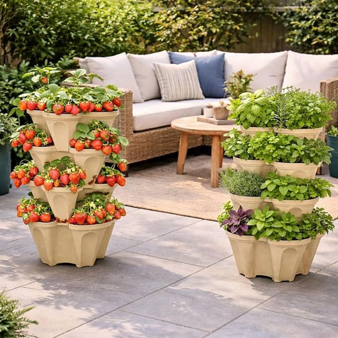 Vertical Garden Planter Stackable Tiered System 4 Plants per Pot, Space Saving Herb, Strawberry & Food Crop Planter with Center Support Hole for Indoor Outdoor Gardening (36, Desert Sand, Small)