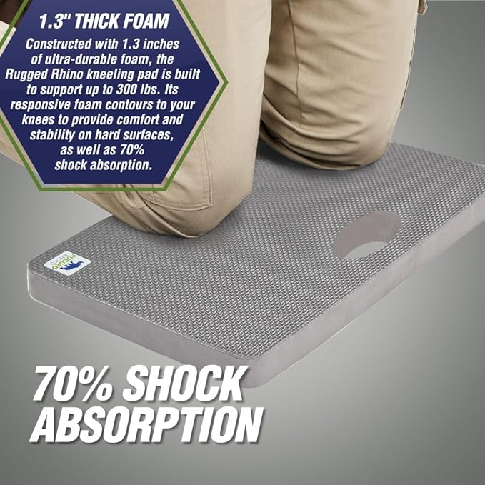 RUGGED RHINO Heavy Duty Patent Pending Kneeling Pad, 2 PK, Shock Absorbent Thick Knee Pads, Holds Up to 300 lbs, Protect Knees from Hard Concrete Surfaces, For Mechanics, Gardening, Gym, Slate Gray