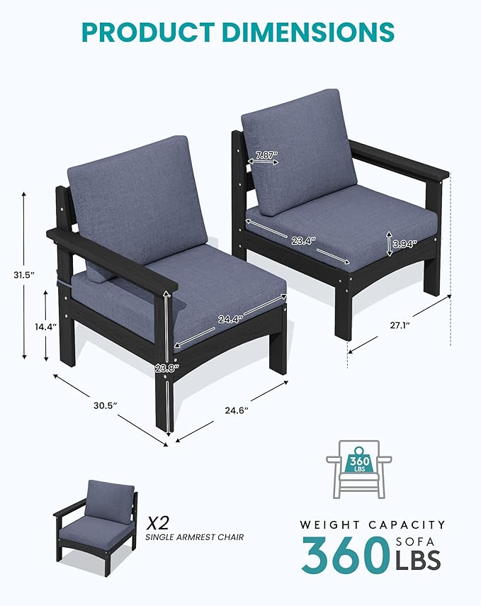 SERWALL HDPE Patio Loveseat Sofa, 2 Pieces Single Sofa, Weather-Resistant Outdoor Furniture Chair with Thick Removable Cushion, Balcony, Garden, Backyard, Poolside, Black Frame with Grey Cushion