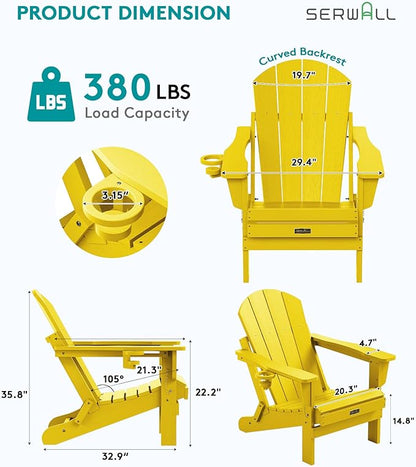 SERWALL Folding Adirondack Chair Outdoor Adirondack Chairs with Cup Holder, Weather Resistant Fire Pit Chairs for Patio - Yellow