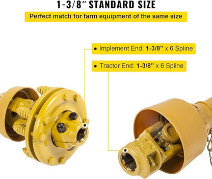 VEVOR PTO Shaft, 1-3/8" PTO Drive Shaft, 6 Spline Both Ends PTO Driveline Shaft, Series 4 Tractor PTO Shaft, 31.5"-41" Brush Hog PTO Shaft, Yellow PTO Shaft w/Slip Clutch for Bush Hog/Finish Mower