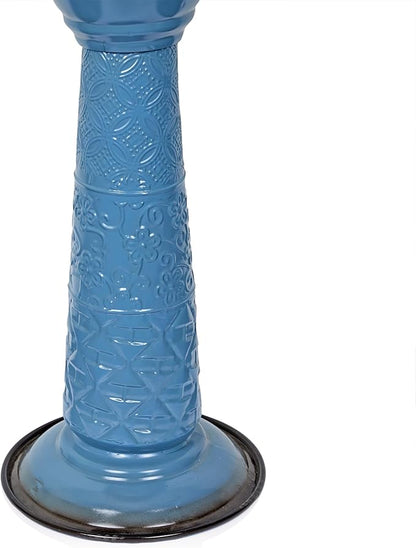 Alpine Corporation ORS112BL Vintage Metal Pedestal Birdbath with Stand, Shallow Bird Bath Bowl for Outside, 28" H, Blue
