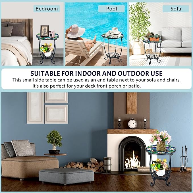 Outdoor Metal Side Table 13.3" W x 16.9" H Small Round Patio Table Printed with Butterfly Pattern for Balcony,Terrace,Garden