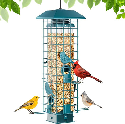 Squirrel Proof Metal Bird Feeder, Removable Base for Easy Cleaning, Weight Activated Cage, 3 Lbs Capacity, Sturdy and Rust-Resistant, Tube Bird Feeder for Outdoor Cardinals, Finches