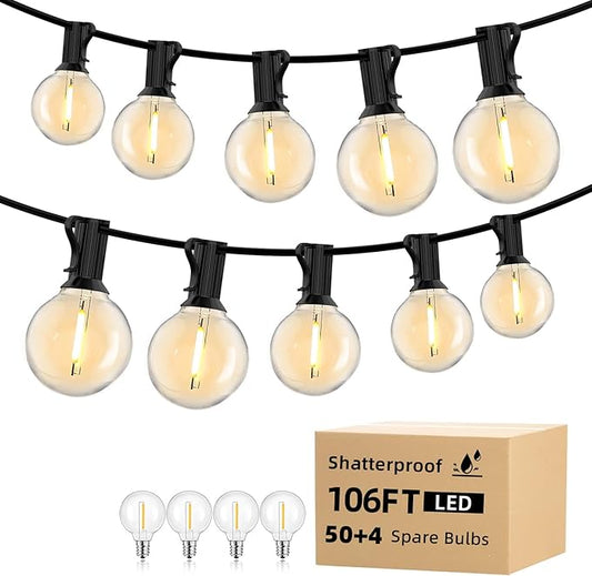 106Ft Outdoor String Light: G40 Waterproof Patio Lights with 12+1 Shatterproof Globe Bulbs-Connectable Hanging Christmas Lights for Backyard, Porch, Deck, Balcony, Garden, Home Decor