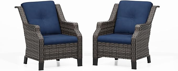 Patio Chairs Set of 2 Rattan Chair Patio Furniture Set with Thick Cushions and All-Weather PE Wicker for Garden, Patio and Porch, Navy