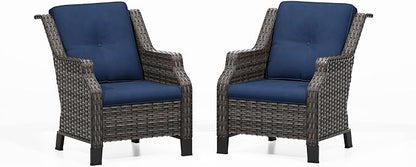 Patio Chairs Set of 2 Rattan Chair Patio Furniture Set with Thick Cushions and All-Weather PE Wicker for Garden, Patio and Porch, Navy