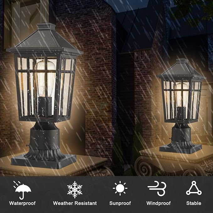 Darkaway Outdoor Post Lights Lamp Post Light Fixture, Waterproof Aluminum Housing with Glass, Fence Post Deck Lighting for Garden, Patio, Pathway (2 Pack, Black)