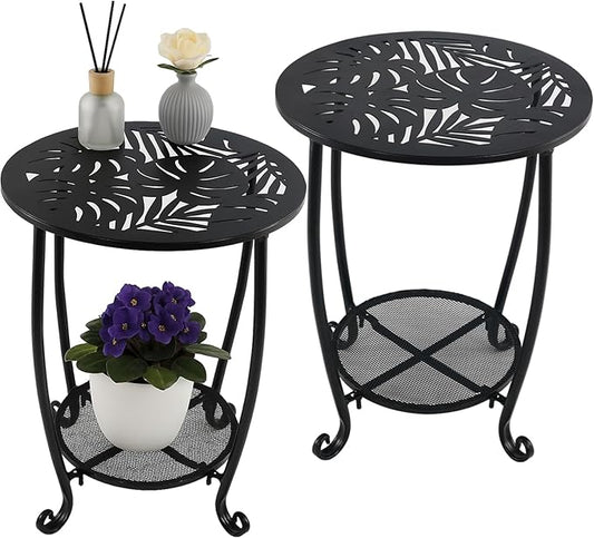 2-Tier Metal Round Side Table Set of Two Black Accent Coffee Tables Small Space Corner Plant Stand Shelf for Indoor Outdoor Porch Patio Balcony Living Room End Table with Storage Weather-Resistant