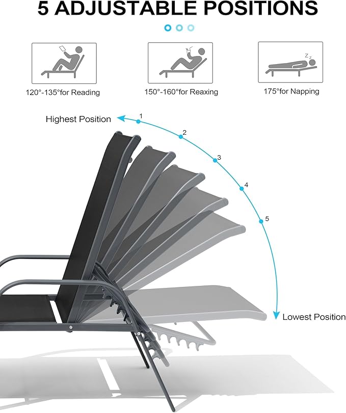 Crestlive Products Lounge Chair Outdoor with Armrests, Pool Lounge Chairs Set of 2, Aluminum Adjustable 5 Positions Tanning Chairs for Outside, Patio, Poolside, Yard, Deck, Backyard (Black)