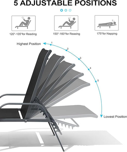 Crestlive Products Lounge Chair Outdoor with Armrests, Pool Lounge Chairs Set of 2, Aluminum Adjustable 5 Positions Tanning Chairs for Outside, Patio, Poolside, Yard, Deck, Backyard (Black)