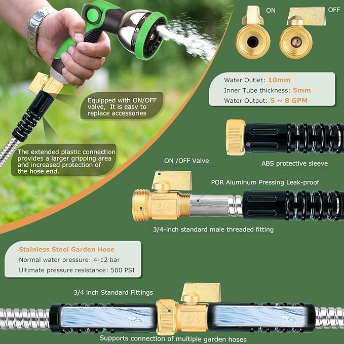 FlexiSolve Stainless Steel Garden Hose 25 ft - Heavy Duty Durable Metal Water Hose, Kink Resistant, Lightweight, Flexible, Rust Proof, UV Resistant - Ideal for Yard, Lawn, Plant Watering & Car Washing