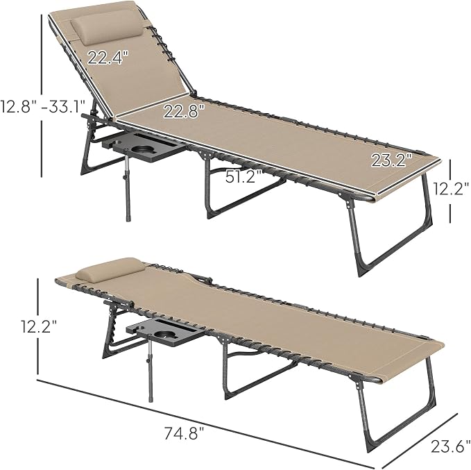 Outsunny Folding Chaise Lounge Chair Outdoor Tanning Chair Beige | Side Table, 5-Level Adjustable Beach Lounger, Headrest, Side Pocket, Patio Backyard Beach Poolside