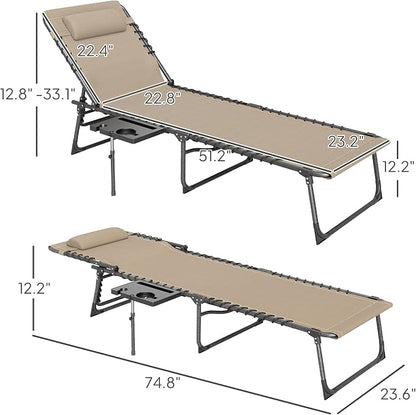 Outsunny Folding Chaise Lounge Chair Outdoor Tanning Chair Beige | Side Table, 5-Level Adjustable Beach Lounger, Headrest, Side Pocket, Patio Backyard Beach Poolside