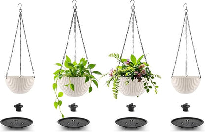 Hanging Planters for Indoor Outdoor Plants 8 and 10 Inch, 4 Packs Plant Hanger with Drainage Holes, Hanging Basket Flower Pot Perfect for Home, Office and Garden,White