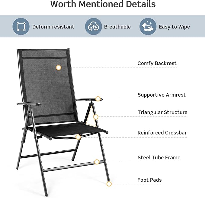 Tangkula Set of 4 Patio Foldable Dining Chairs, Outdoor Portable Camping Chairs with Armrest High Backrest, Folding Chairs for Porch, Poolside, Garden, Balcony, Backyard (Black)