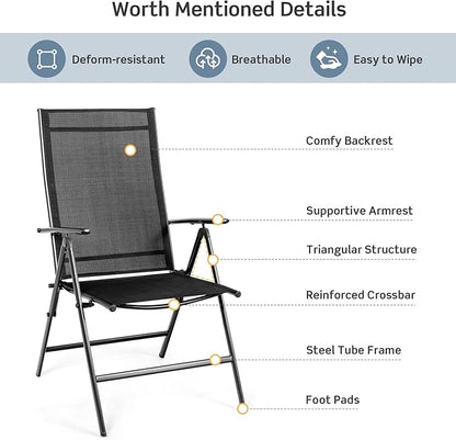 Tangkula Set of 4 Patio Foldable Dining Chairs, Outdoor Portable Camping Chairs with Armrest High Backrest, Folding Chairs for Porch, Poolside, Garden, Balcony, Backyard (Black)
