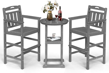 Ciokea Balcony Chairs and Table 3 Pieces Set, Outdoor High Top Bar Set, HDPE Oversized Adirondack Bar Chairs Set of 2 and Round Table for Outside Dining Bistro Poolside Backyard, Grey