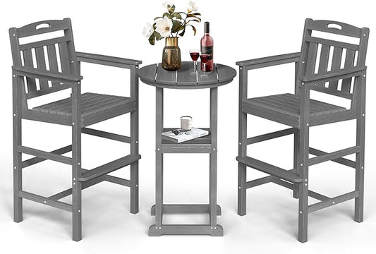 Ciokea Balcony Chairs and Table 3 Pieces Set, Outdoor High Top Bar Set, HDPE Oversized Adirondack Bar Chairs Set of 2 and Round Table for Outside Dining Bistro Poolside Backyard, Grey