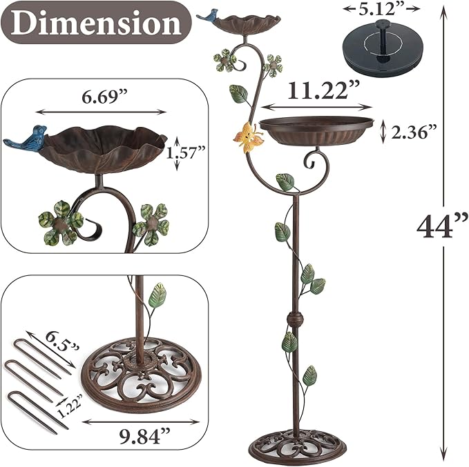 Bird Baths for Outdoors with Solar Fountain, 44" Tall Cast Iron Pedestal Bird Bath and Feeder, Vintage Sturdy Heavy Duty Birdbath Bowl, Decorative Birdbaths for Outside Garden Yard Porch