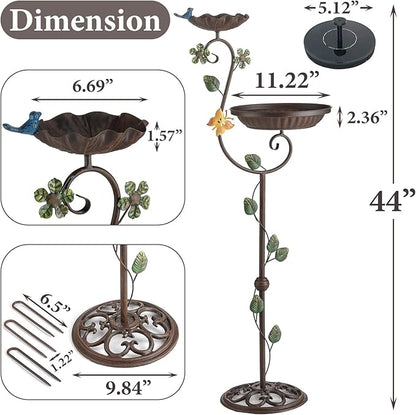 Bird Baths for Outdoors with Solar Fountain, 44" Tall Cast Iron Pedestal Bird Bath and Feeder, Vintage Sturdy Heavy Duty Birdbath Bowl, Decorative Birdbaths for Outside Garden Yard Porch