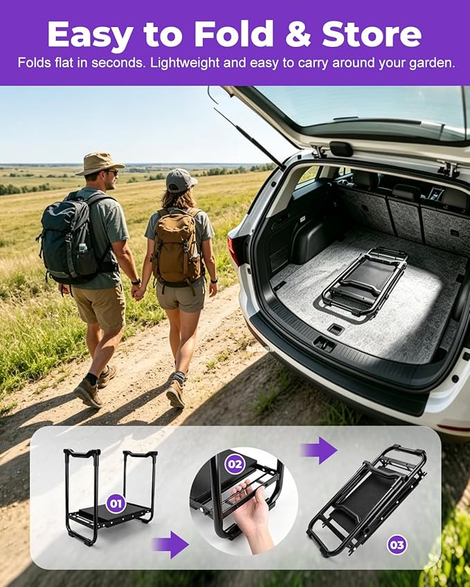 Garden Stool & Kneeler 7-Piece Set with 3 Aluminum Tools, Double-Layer Tote Bag & 2 Side Pouches - Foldable Gardening Bench Kit - Ideal Gifts for Women Mom Seniors (Purple)