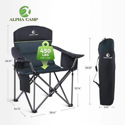 ALPHA CAMP Heavy Duty Camping Chair 500LBS Capacity, Oversized Folding Chair for Heavy People, Padded Portable Outdoor Chair with Cooler Bag & Cup Holder for Camping, Fishing, Beach