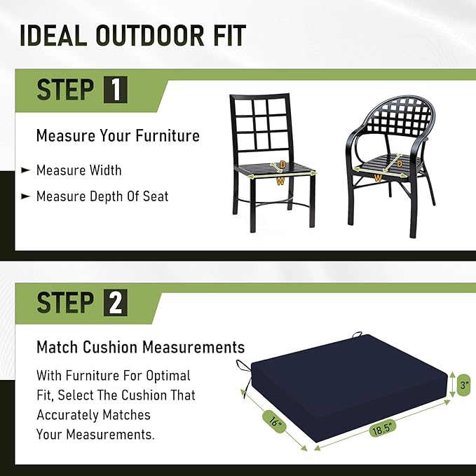Basic Beyond Outdoor Chair Cushions Set of 6, Square Corner Outdoor Cushions for Patio Furniture, Water Resistant Patio Chair Cushions with 2 Ties, 18.5x16x3, Navy