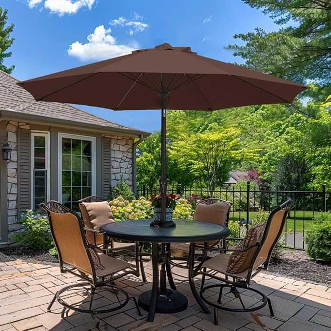 PatioKingdom 9FT Patio Outdoor Umbrella-UPF 50+ Sun Shade with Wind Vent, Push-Button Tilt & Smooth Crank Lift, Rust-Resistant Fiberglass Frame for Garden, Backyard,Yard (Brown, 9FT)