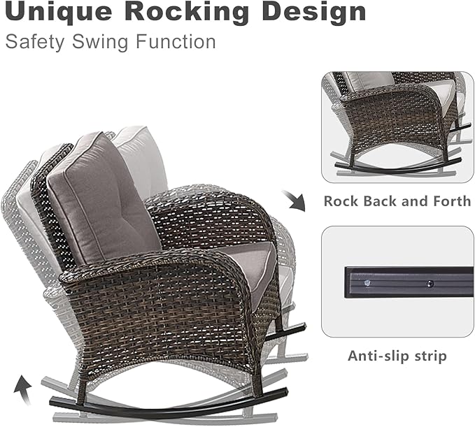 HUMMUH 5-Piece Outdoor Patio Furniture PE Wicker Patio Conversation Set,All-Weather Outdoor Rocking Chairs with Patio Couch Tables for Backyard,Poolside,Deck