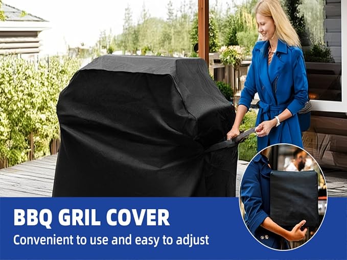 BBQ Gas Grill Cover for Outdoor, Anti-UV, Rip-Proof, 600D Oxford Fade Resistant Material, Barbecue Cover with Hook and Loop Straps & Adjustable Hem Drawstring (Black, 32”x26”x43”)