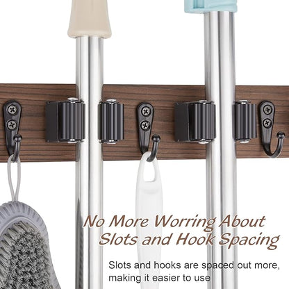 OUTNILI 2 Pack Mop Broom Holder Wall Mount - Wood Broom Mop Hanger - Wall Mounted Garden Tool Rack Organizer for Closet Garage Laundry Room Farmhouse Rustic Kitchen Decor With 4 Slots & 4 Hooks