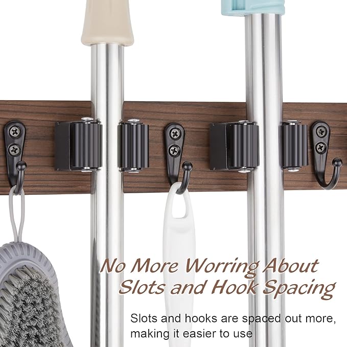 OUTNILI Mop and Broom Holder Wall Mount - Wood Broom Mop Hanger - Wall Mounted Garden Tool Rack Organizer for Closet Garage Laundry Room, Rustic Kitchen Decor With 4 Slots & 4 Hooks