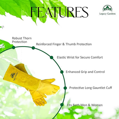 Leather Gardening Gloves for Women & Men, Long Garden Gloves, Cowhide Gauntlet Rose Pruning Thorn Resistant, Forearm Protection, Large, yellow