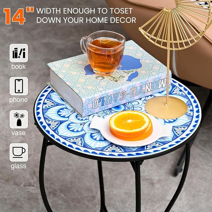 Round Side Table, Patio Accent Weather Resistant Metal Side Table for Livingroom Patio Balcony Yard Porch Garden, Indoor Outdoor Small Plant Stand