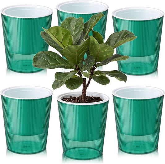 6 Pack Self Watering Pots for Indoor Plants Plastic Vertical Ribbed Semi Transparent Planters, Dual Layer Reservoir for Indoor Succulents Herbs Pothos(Green, White,4.4 x 4.9 Inch)