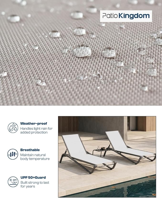 3-Piece Patio Chaise Lounge Set with Side Table, Set of 2 Adjustable Pool Chairs and Aluminum Bistro Table, All-Weather Outdoor Furniture for Pool Deck, Patio & Tanning, White