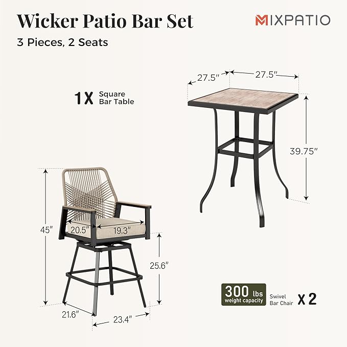 3 Piece Outdoor Bar Set, Height Rattan Bar Stools with Wood Grain Top Coffee Table, Wicker High Top Outdoor Table and Chairs with Cushion, Patio Barstool Set for Porch, Pool and Deck, Beige