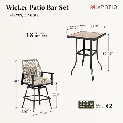 3 Piece Outdoor Bar Set, Height Rattan Bar Stools with Wood Grain Top Coffee Table, Wicker High Top Outdoor Table and Chairs with Cushion, Patio Barstool Set for Porch, Pool and Deck, Beige